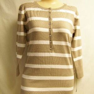 NWT Striped Tan & White Sweater Swarovski crystal buttons